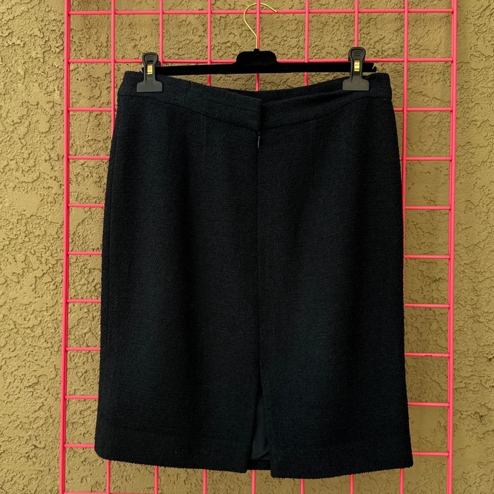 Vintage navy blue Chanel wool pencil skirt with original Chanel hanger